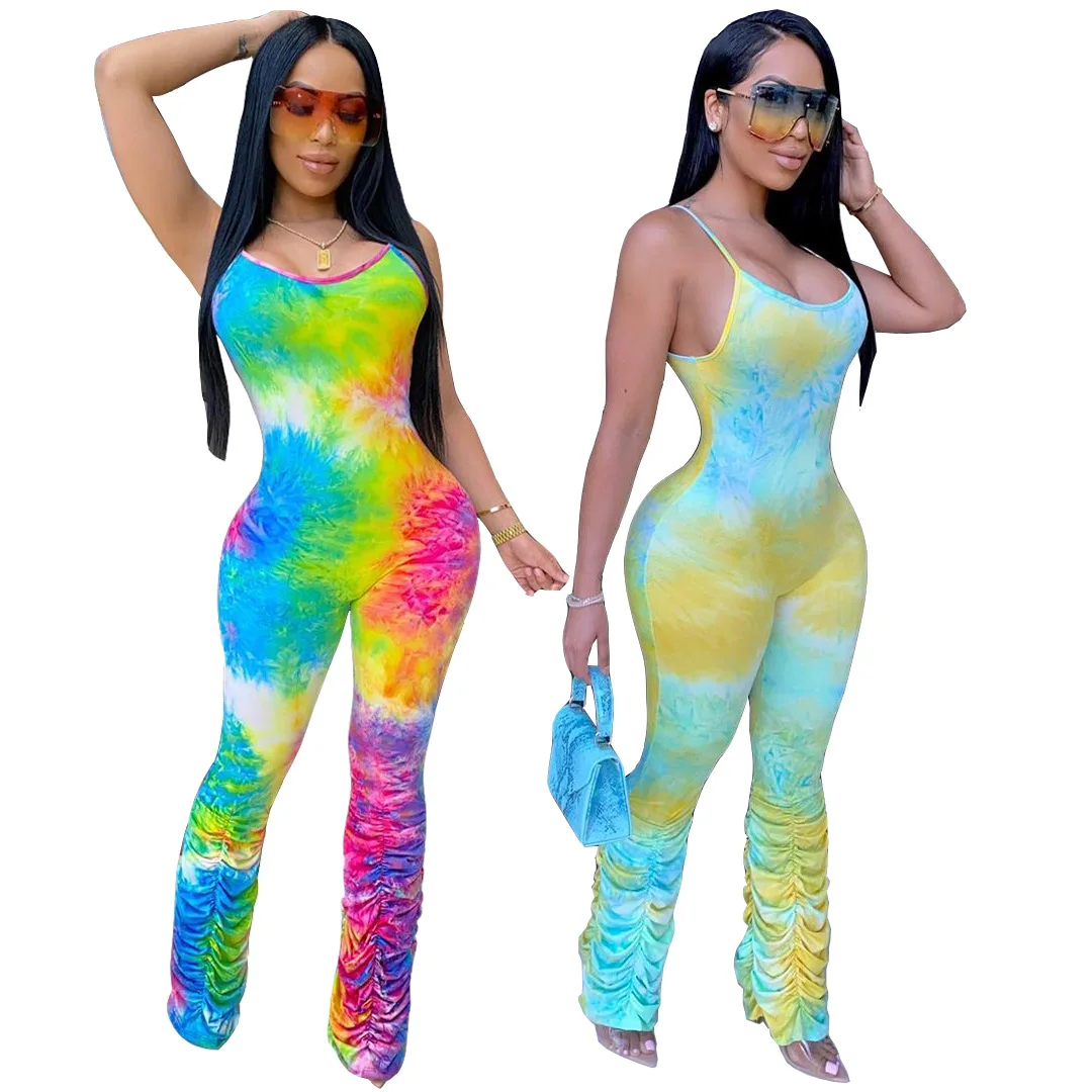 

European and American women's popular colorful printing one-piece bell pants sexy fashion pleated suspender jumpers