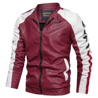 

New stand-up collar PU leather jacket men's washable color matching slim casual top