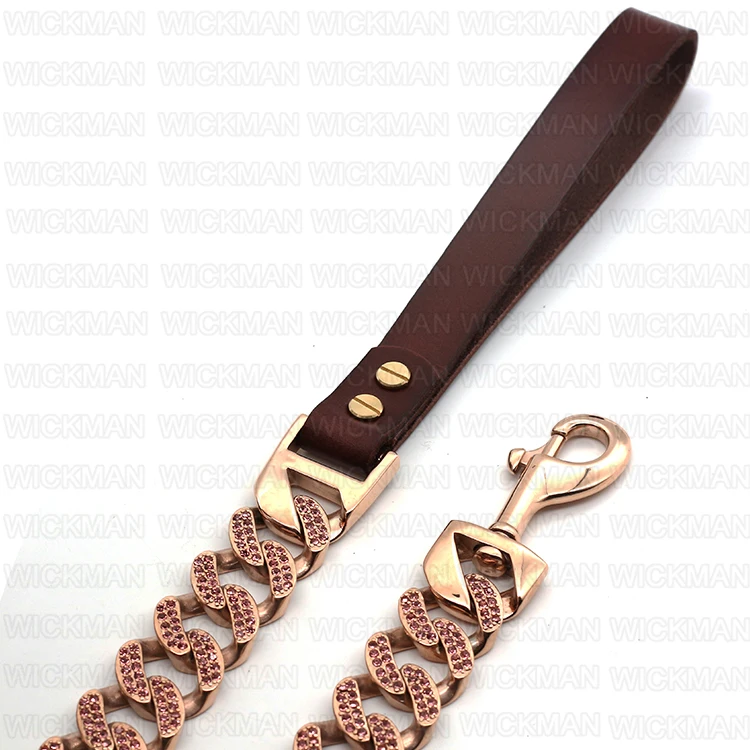 Bling Rhinestone Crystal Stone Rose Gold Pet Collars And Lead With Leather Snap Hook Custom