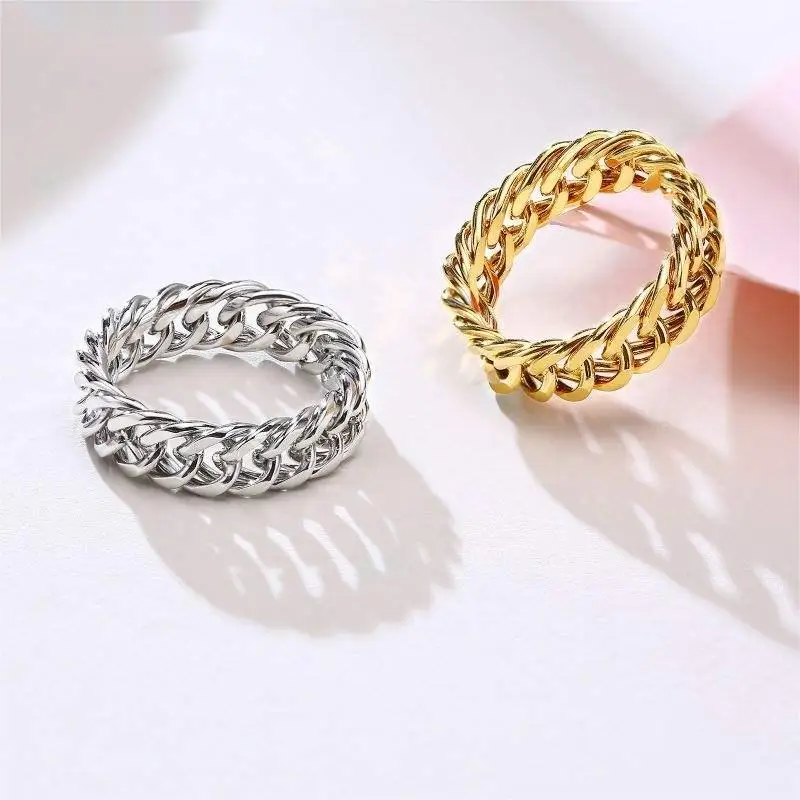 

MARONEW Waterproof Non Tarnish Gold Jewelry 18K Gold Plated Titanium Steel Metal Hollow Chain Twist Ring anillo