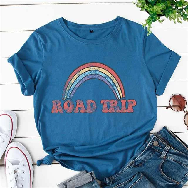 

Summer Loose Round Neck Rainbow Printed Short-sleeved Cotton T-shirt For Women, Picture color