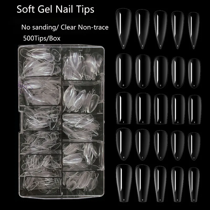

Wholesales 500tips Super Clear almond finger nail tips full cover Soft gel Nail Tips