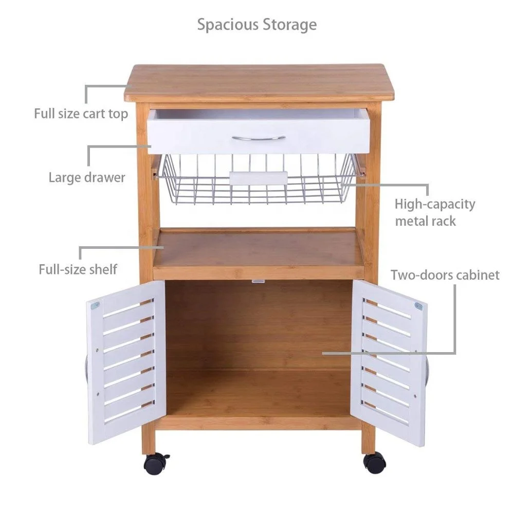 
Kitchen Cart Rolling Trolley Cart Island Bamboo Top with Storage Drawer Basket Cabinet Truck Kitchen 