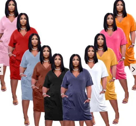

New fashion solid color women clothes v neck short sleeve pocket loose casual long dresses for women, 10 colors