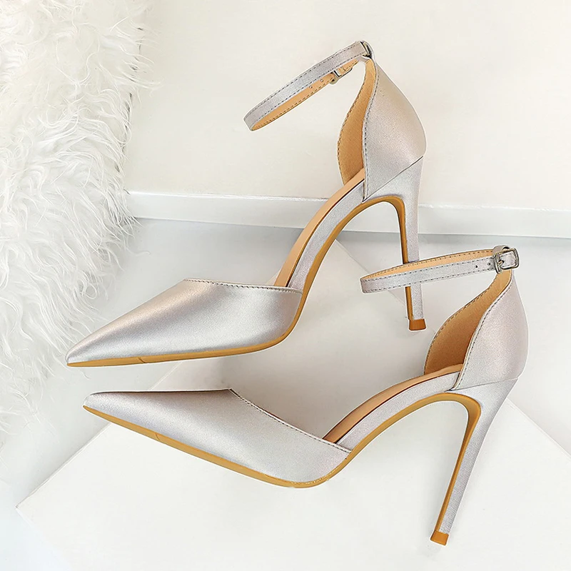 

New Elegant Women Pointed Toe Satin Red Wedding Party Buckle Strap Silk Thin High Heel Female Shoes Large Size 43