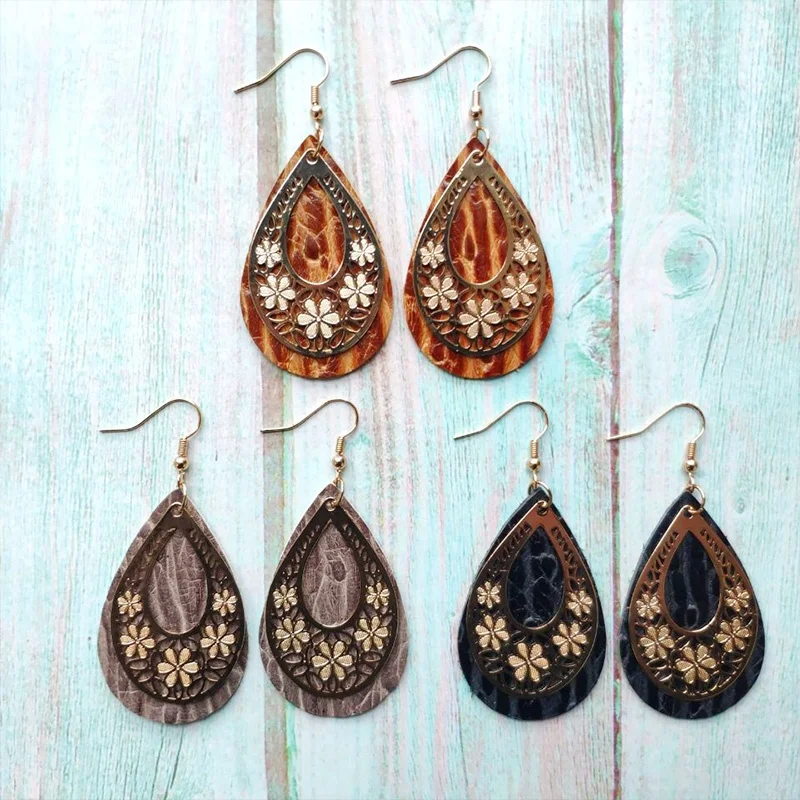 

Vintage Embossing Cowhide Leather Earrings for Women Boho Metal Accessories Textured Western Style Leather Earrings Jewelry