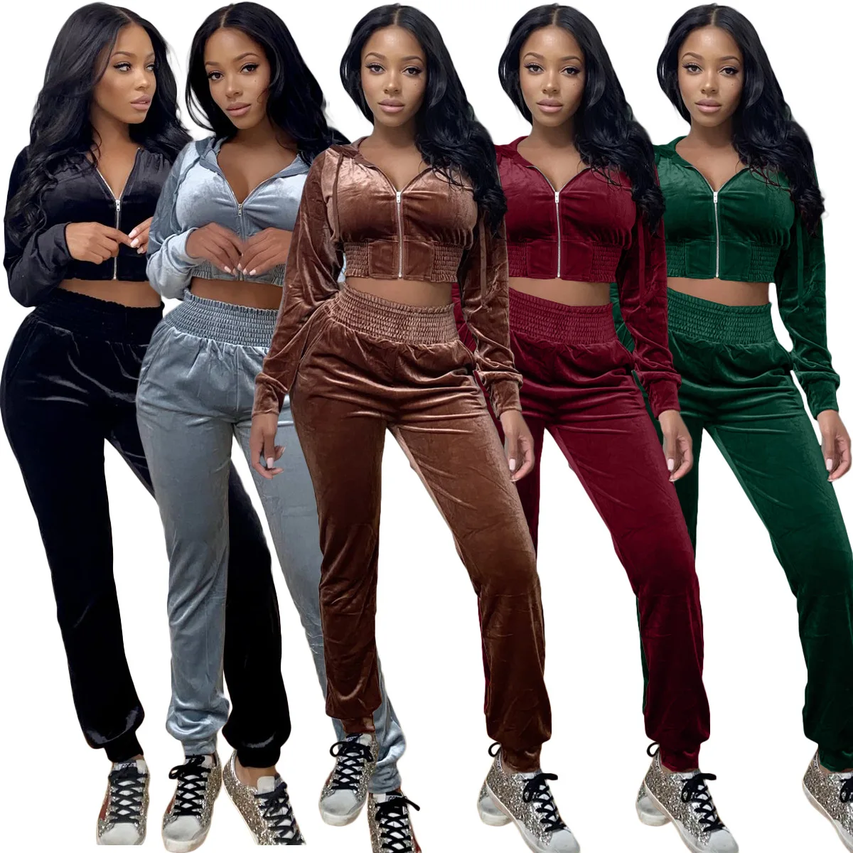 

New Long Sleeve Active Jogger Suit Training Sweatsuit Women Fitted Velvet Hooded Two Piece Set Velour Tracksuit