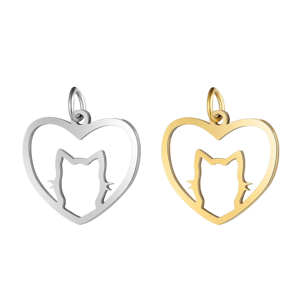 

Stainless Steel Charms High Polish Hollow Heart Shaped with Cat Charms Pendants for Jewelry Making DIY Accessories, Steel/gold/rose gold and other