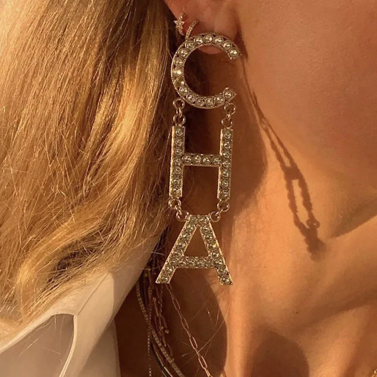 

Hot Selling Crystal Rhinestone Earrings Dangle Word Drop Cha Earrings For Women