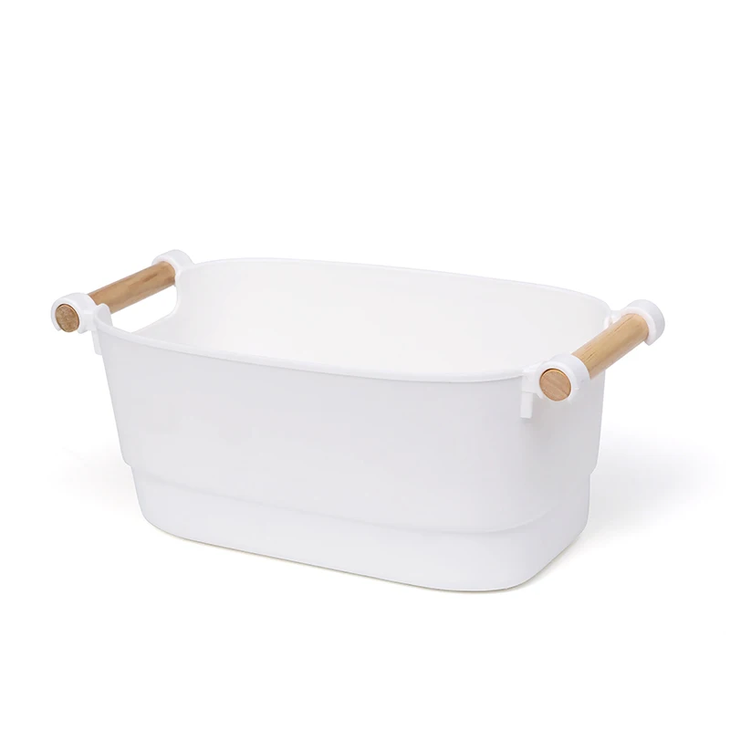 

Elegent good looking storage box plastic modern storage basket home kitchen office storage organiser with wooden handle, Whilte