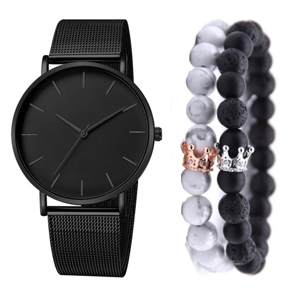 

Hip Hop Valentine's Day Men's Fashion Quartz Watch + Natural Stone Bracelet Set Confession Boyfriend Birthday Gift 3PCS/Set, Picture