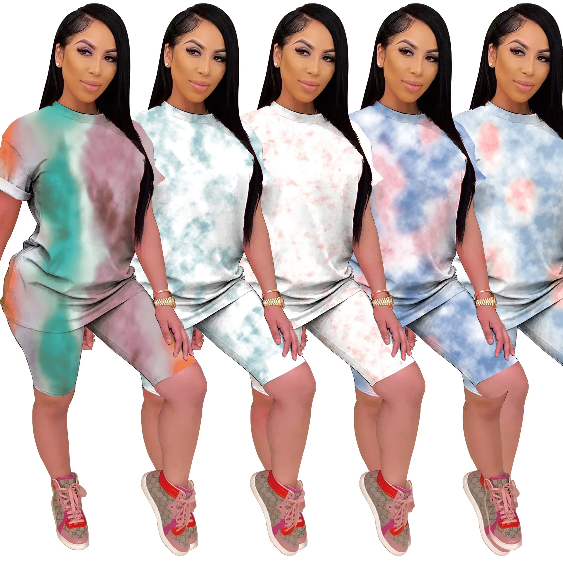 

Casual Jogging Suits Ladies Tracksuits For Sale Multicolor Tie Dye Pants Set Women Summer Short Outfit 2 Piece Summer Sets, Multi