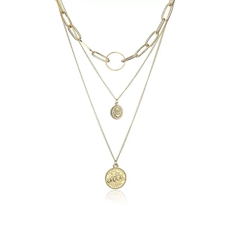 

Amazon best seller fashion necklace 2019 multi layered geometric gold coin pendant necklace charm chocker necklace