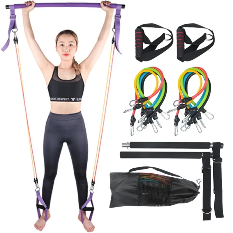 

100LB Upgrade Training Portable Sport Fitness Exercise Stick Yoga Adjustable Pilates Bar with 5 Resistance Bands, Black,purple