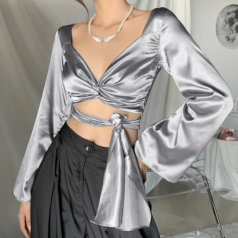 

Classy Elegant Long Flare Sleeve Wrap Sexy Cropped SelfBelt Satin Womens Tops Korean Designer Blouse 2020 Fall, Customized