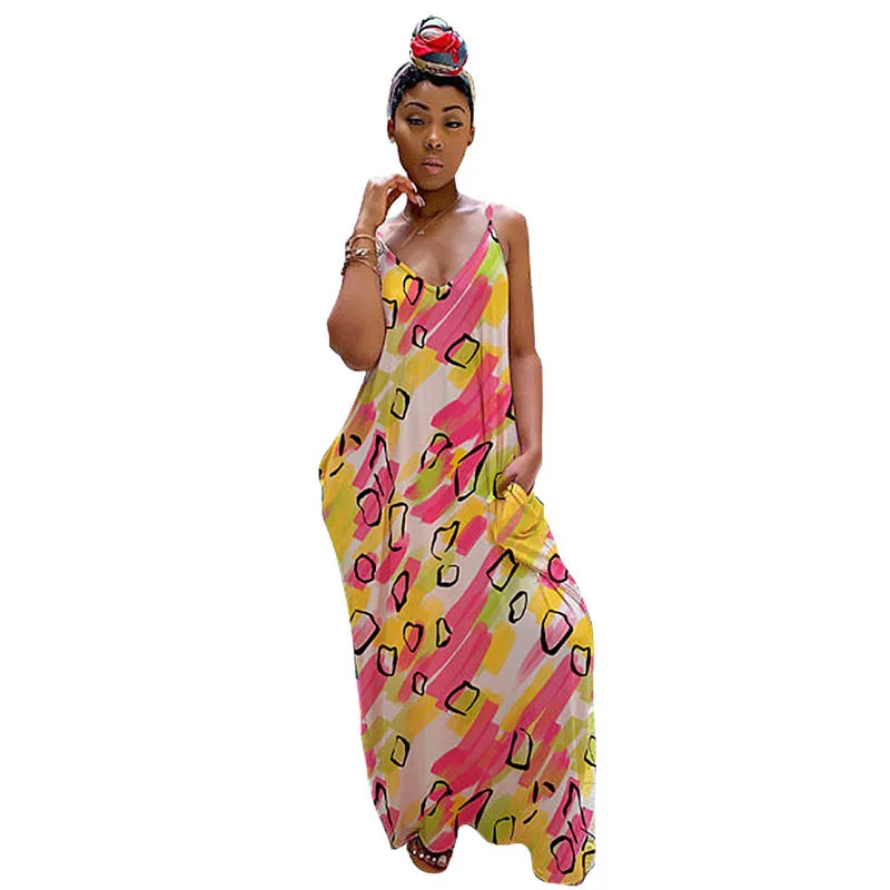 

L51621 Hot High Quality Summer Sexy Deep V Neck Casual Stripe Print Long Dress