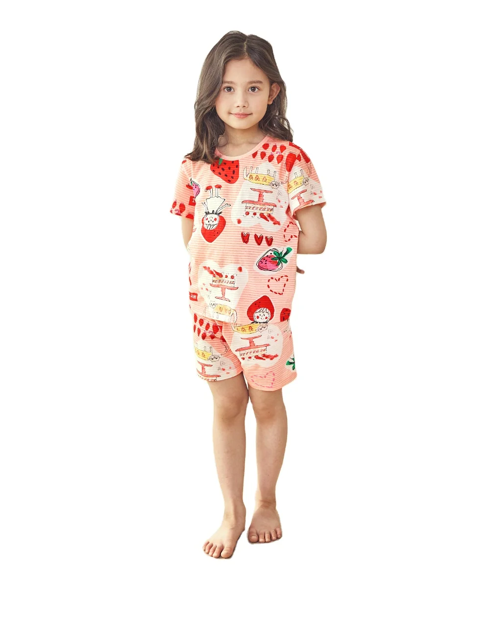 

Chinlren Summer Round Neck Cartoon Pajama Shorts Set Pajama Kids Boy's Girls' Sleepwear, Multicolor