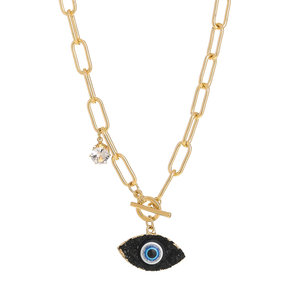 

Customized Evil Eye Necklace Resin Druzy Pendant Gold Plated Link Chain OT Clasp Choker Zircon Diamond Necklaces Jewelry Women