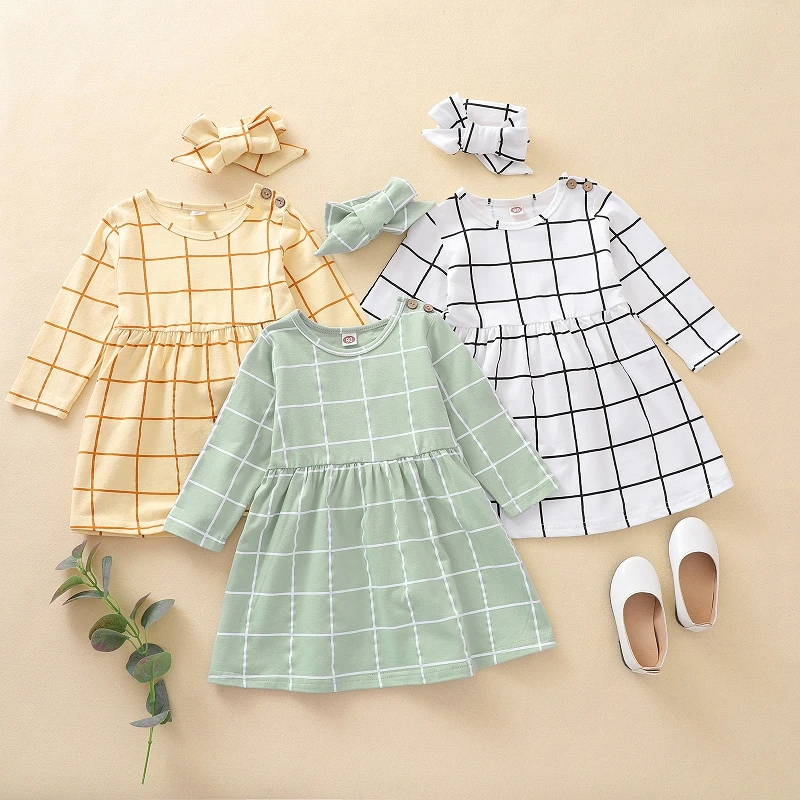 

Kids Clothes Long Sleeve Plaid Dress With Bow Headbands 2Pcs/Set Boutique Girl Dresses M447