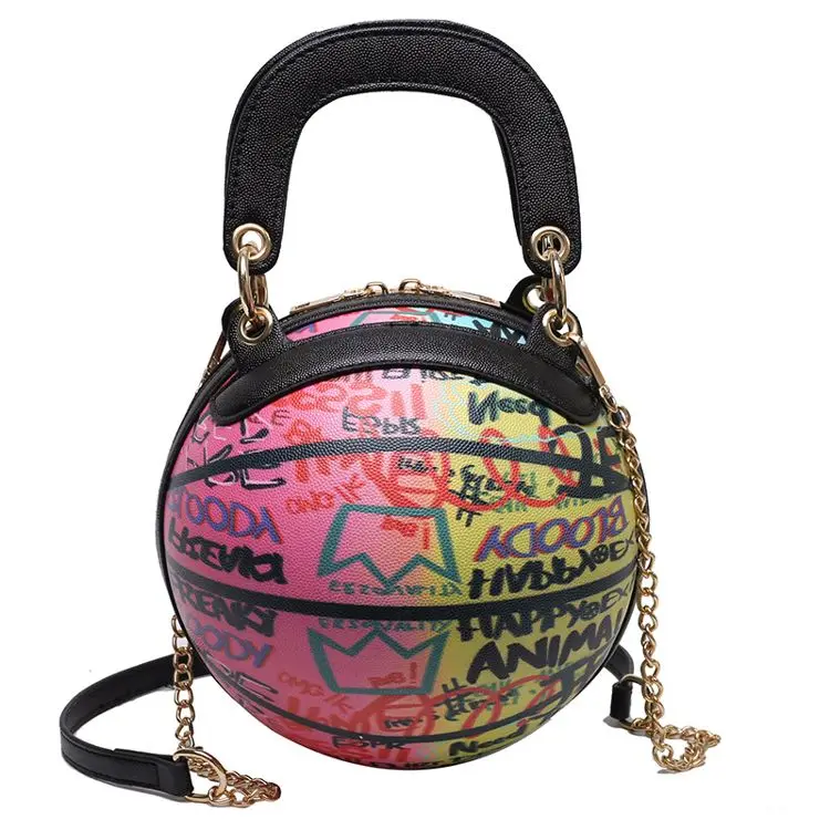 

Wholesale Fashion Black Graffiti Bag Personalised Sac En Ballon De Basket Letter Printing Pu Leather Basketball Graffiti Handbag, 6 colors to choose