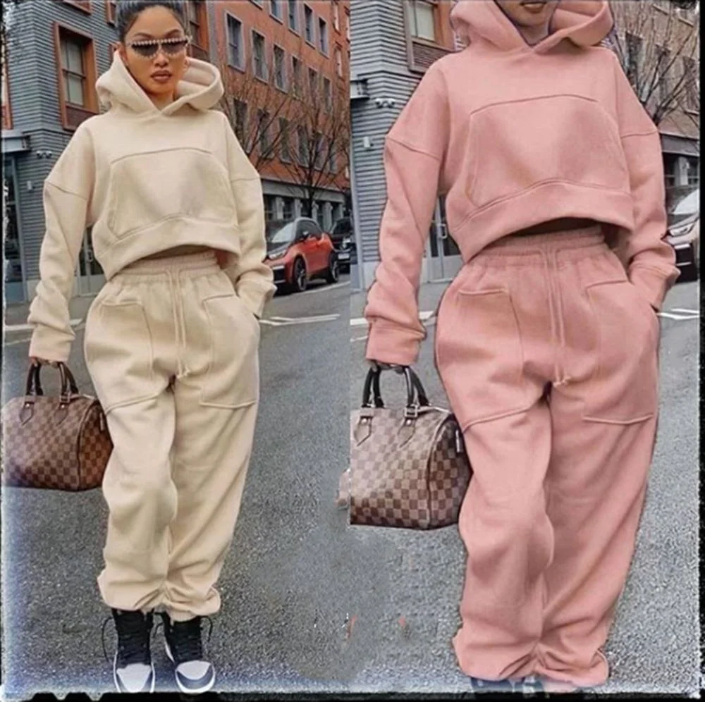 

2021 wholesale newest autumn hooded hoodies solid color fashion womens sweat two pieces women track suit sweat suits for women, Custom color