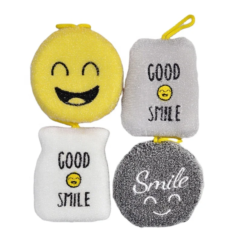 

4PCS Kitchen Cleaner Brush Strong Decontamination Sponges Smiley Face Dish Washing Cloth Scouring Pads, Yellow