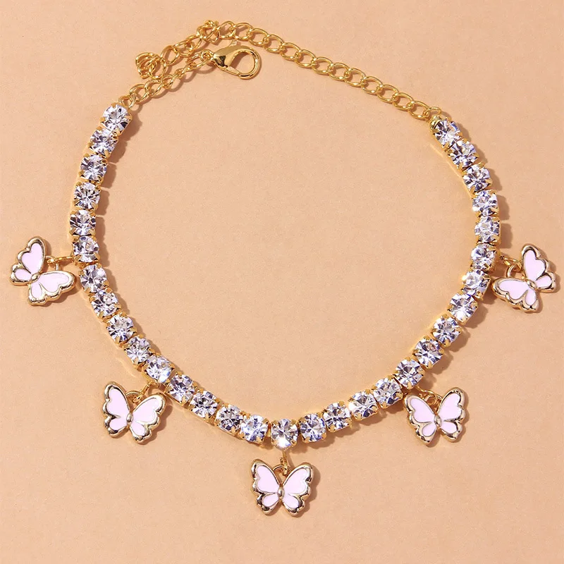 

New Arrival Popular Crystal Rhinestone Butterfly Anklet Pink Purple Oil Dripping Butterfly Pendant Ankle Bracelet