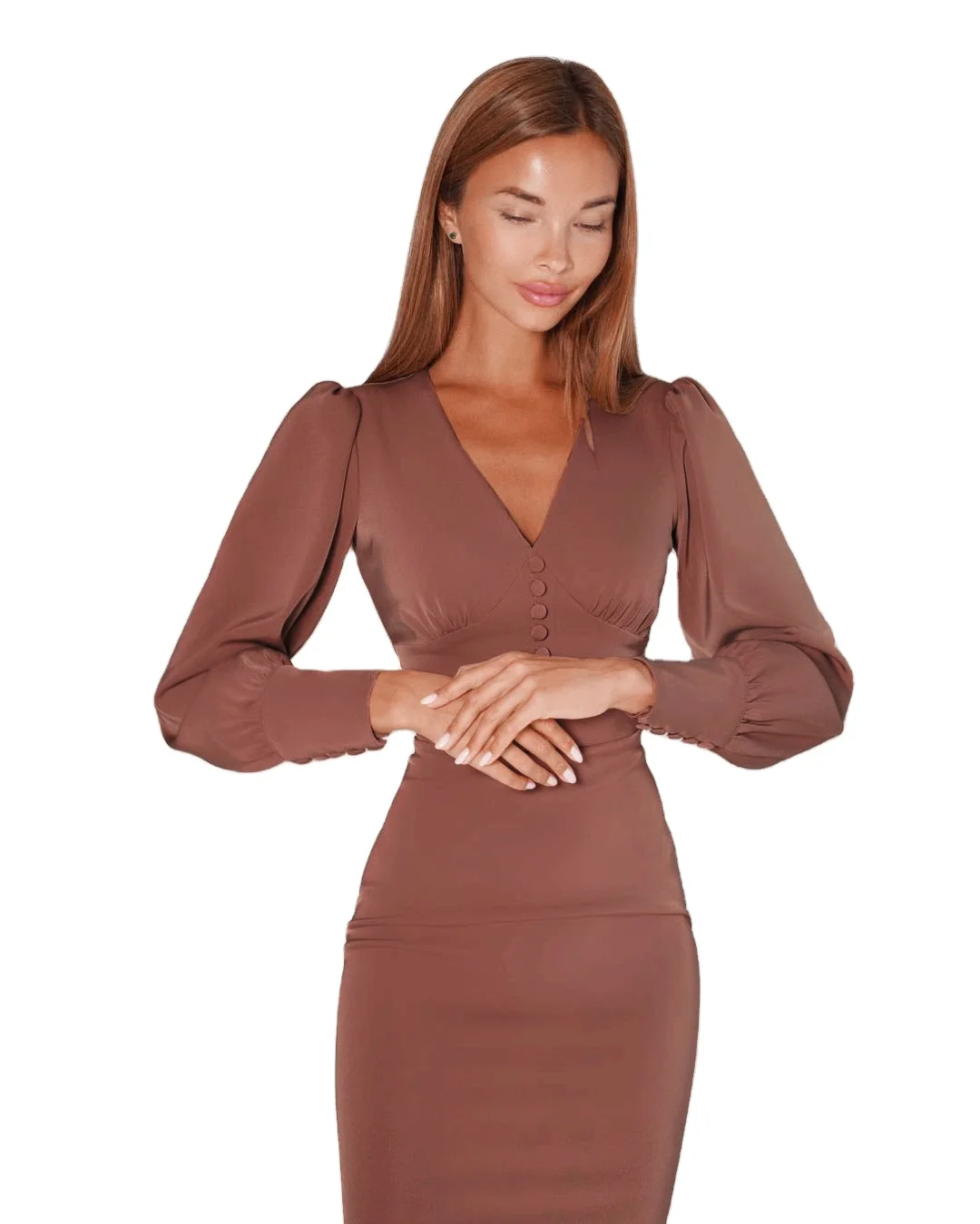 

Fall French Style V-neck Button Up Elegant Dress Solid Color Long Lantern Sleeve Sexy Vintage Pencil Dress for Women