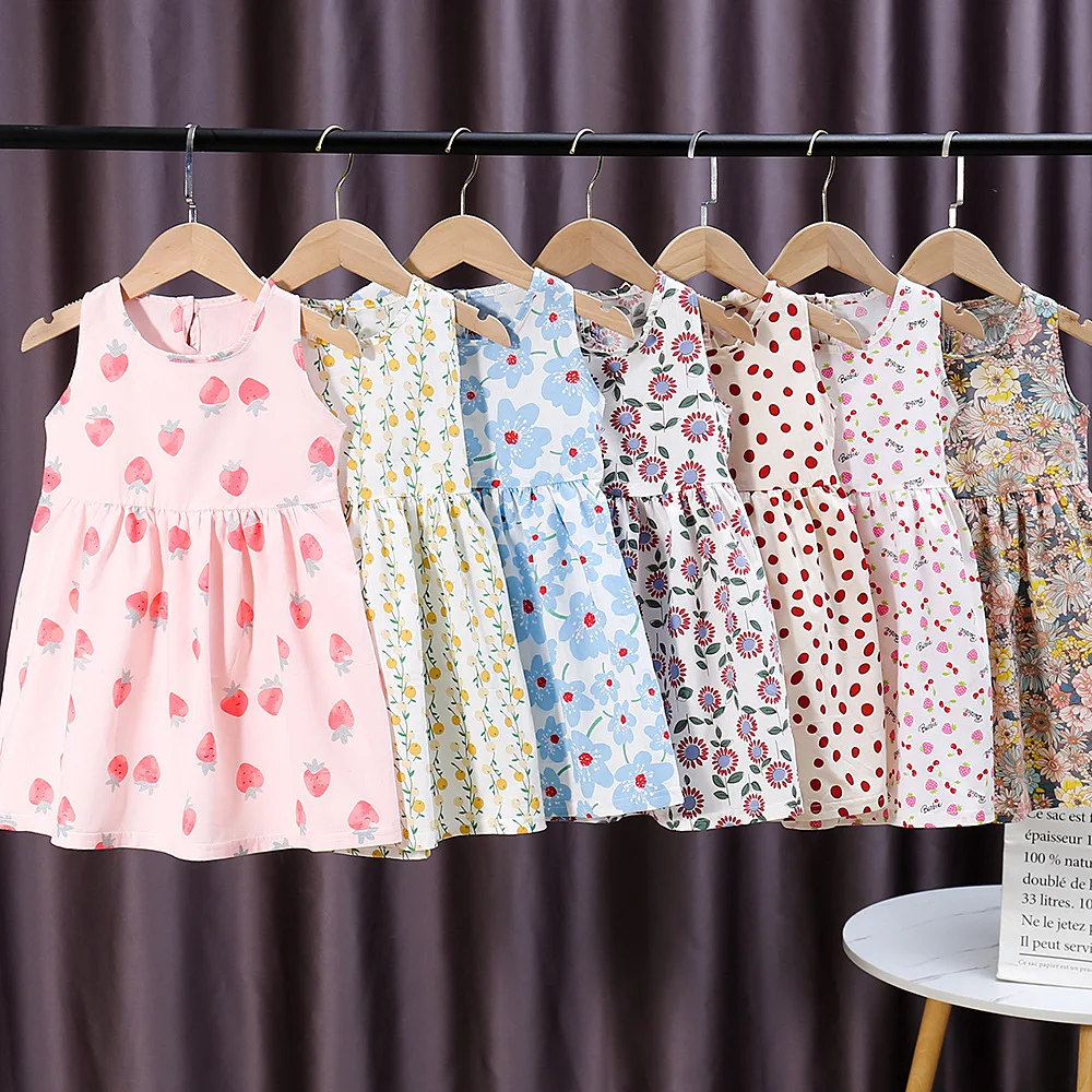 

RTS Wholesale Summer Print Kids Clothes Cotton Toddler Girls Sleeveless Dress Children Baby Infant Clothing Girl Dress, Various patterns printing, or customized color