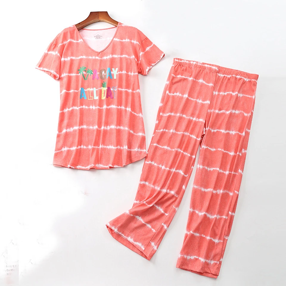 

S-XXXL Plus Size Women Sleepwear Set Women's Casual Striped Knit Two Piece Pajamas Sets Woman Home Night Wear 2 PCS Pajama Set