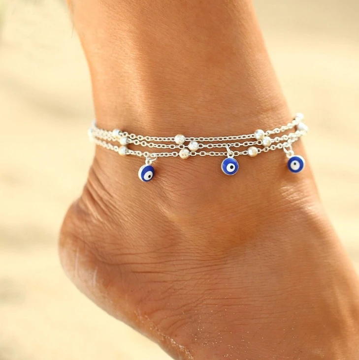 

Beach bohemian style evil eye pendant bead chain anklet summer for women