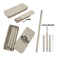 

New compact mini rectangle slide box stainless steel washing brush PP plastic eco friendly collapsible drinking wheat straw set