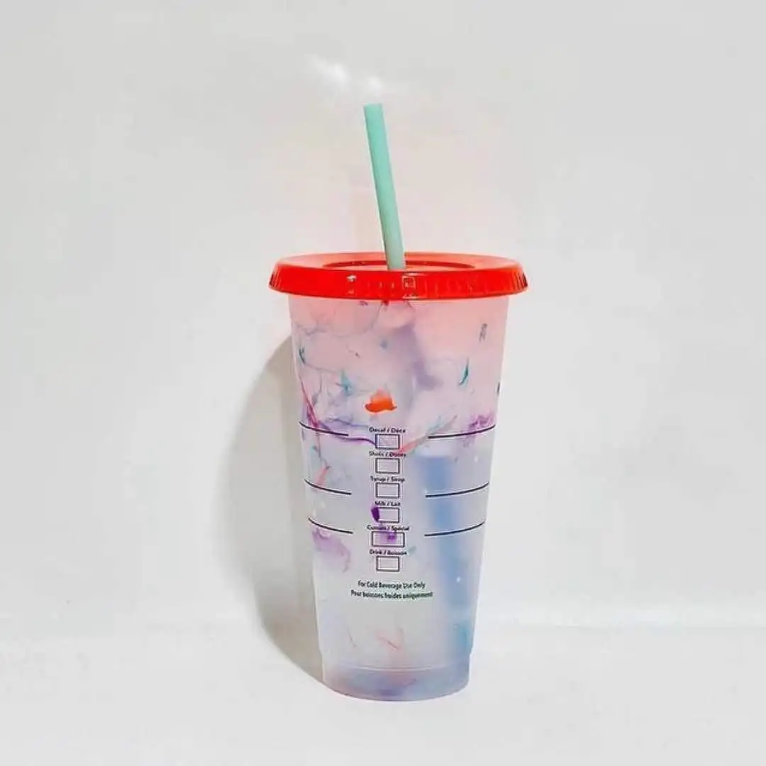 

24 oz Newest Marble swirl color changing Custom Logo Reusable Plastic Cups With Lid, Magic color changing