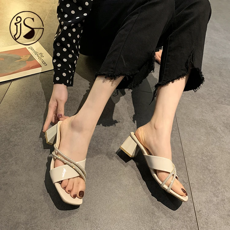 

2021 Chunky heels with crystal heels New trend fashion rhinestone sandals Summer fashion heel slippers for women Women slippers, Picture