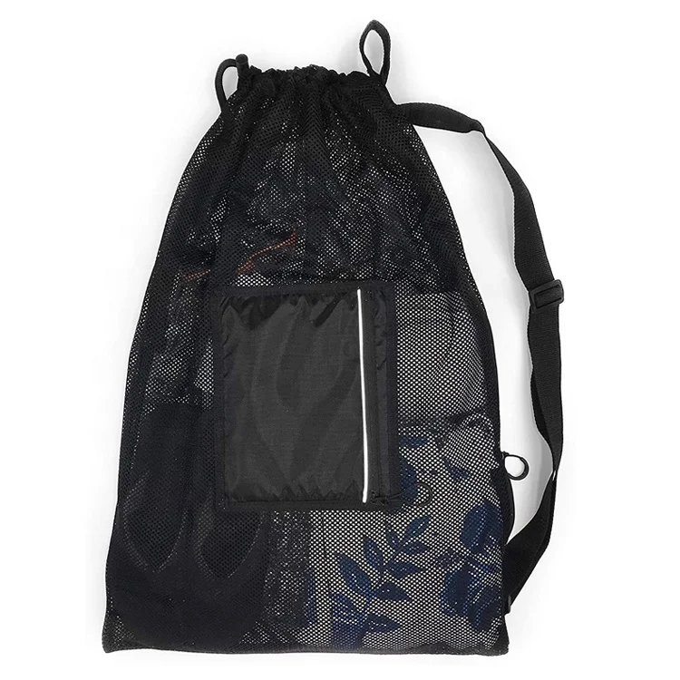 

Large beach Mesh swim equipment Gym Drawstring Sling sport Bag with water resistant pocket, Black or customized