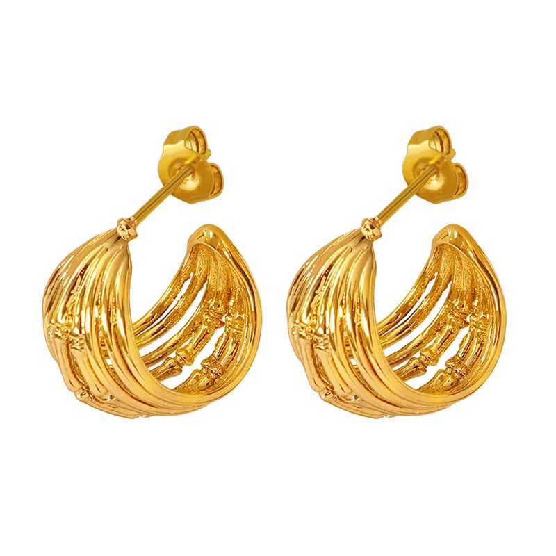 

Ring Earrings Plated Jewelry Gold Hollow C-shaped Bamboo Stainless Steel Waterproof for Girls Tarnish Free Trendy Opp Bag