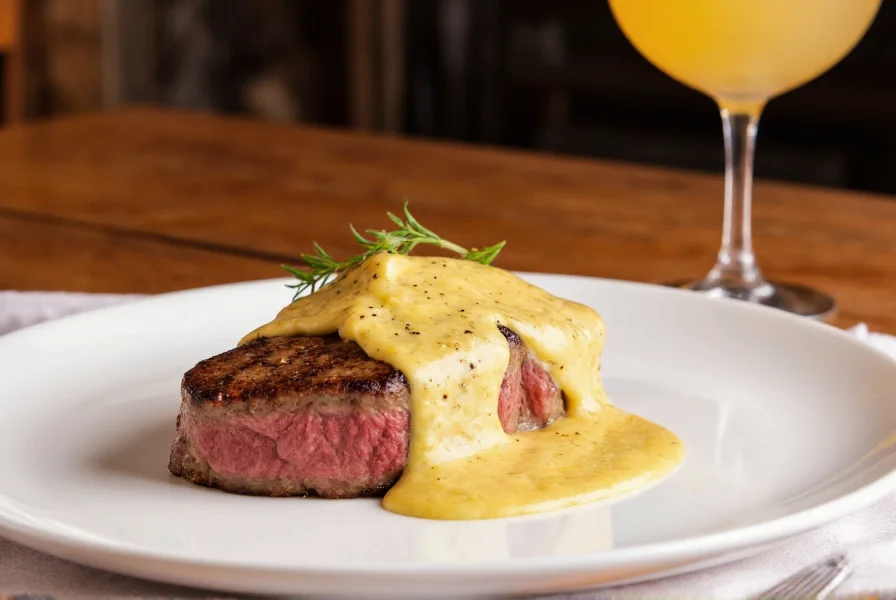 Plated steak with black pepper cream sauce drizzled over medium-rare filet mignon