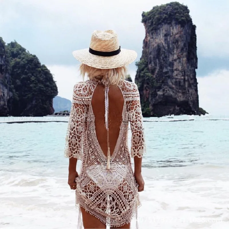 

Womens Middle sleeve Crochet beach dress Lace embroidery sexy backless Bikini Mesh knitting Beach dress