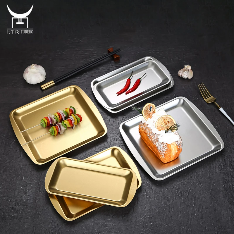 

Desserts fruit barbecue Japanese sushi flat plates square food trays stainless steel dishes and dinner plates