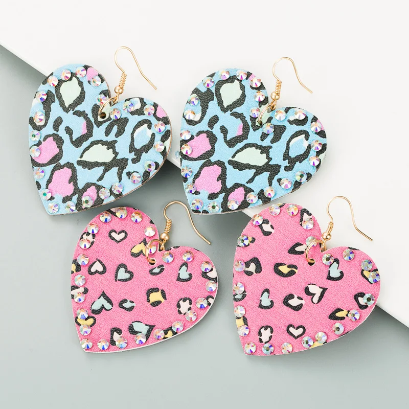 

HOVANCI 2021 Newest Vintage Leather Jewelry Trendy Leopard Heart Leather Earrings Stocks Selling Colorful Fashion Earring, Pink,blue