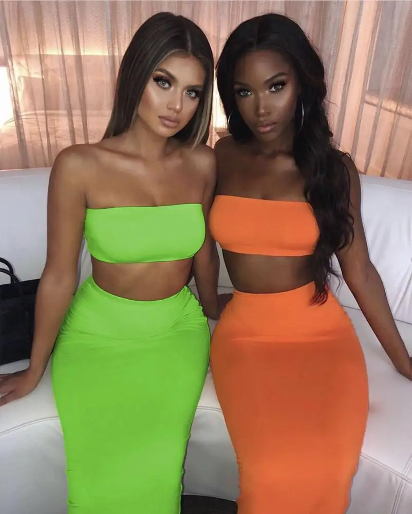 Sexy Tube Top And Skirt Two Piece Set Women Clothing Ladies Bodycon Night Club Dress
