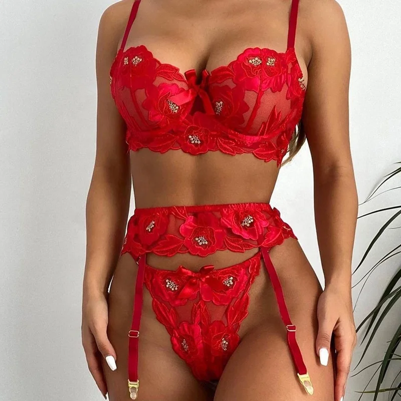 

sfy1422 2021 Wholesale Cheap Price Fashion Women red Lace Balconette Bralette Set 3 pieces Sexy Lingerie