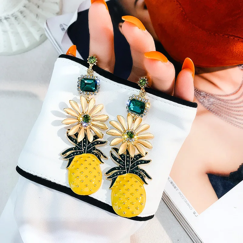 

new statement yellow fruit crystal earings pineapple