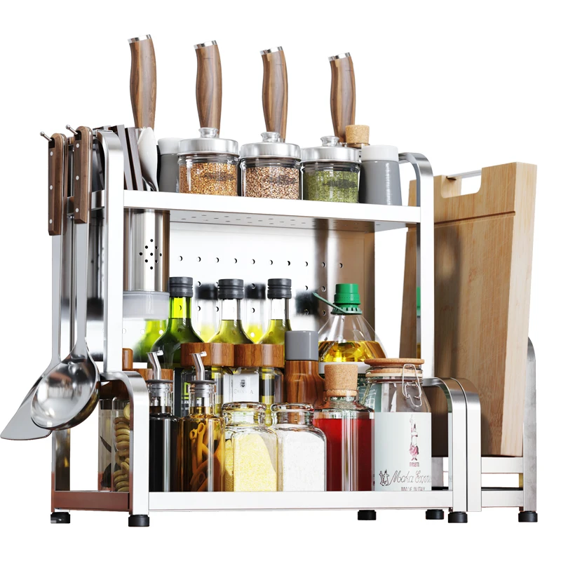 

Wholesale amazon hot sale silver stainless steel countertop spice rack 2-layer spice storage shelf multifunctional kitchen shelf