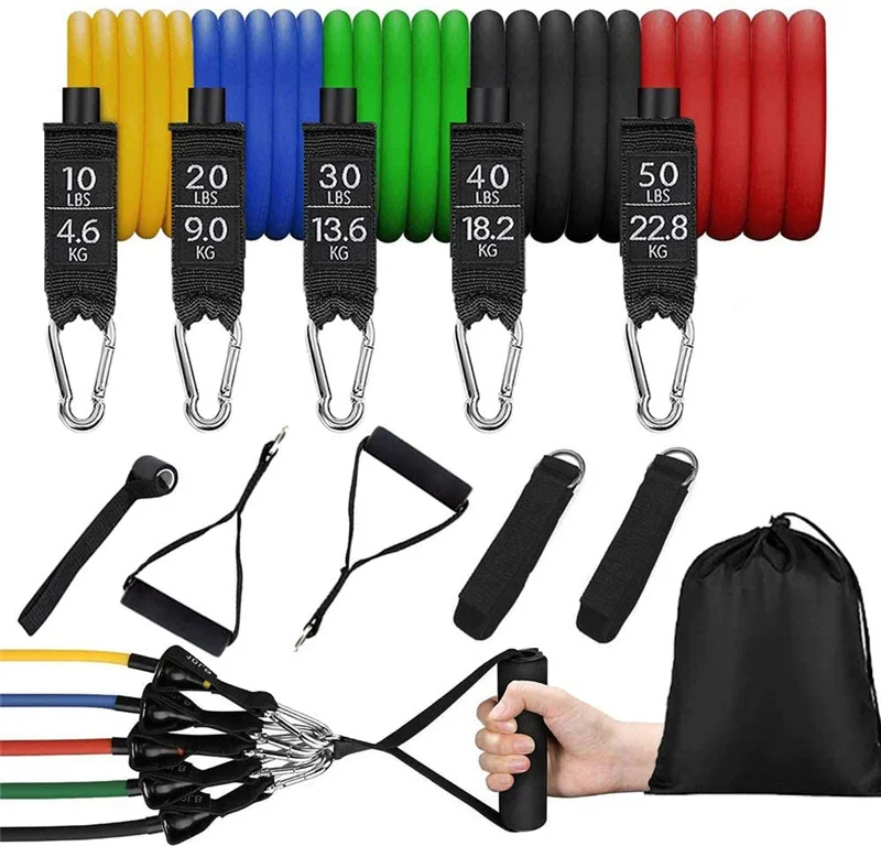 

2021 Amazon Hot Gym Exercise 11pcs Resistance Band Set Banda de resistencia for Losing Weight, Black red yellow blue green
