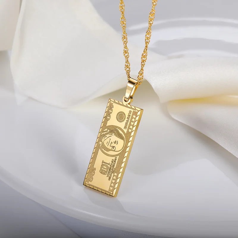 

Lateefah OEM 18K Gold Plated Stainless Steel Jewelry Square Engraved US Dollar Paper Money Pendant Necklace Women