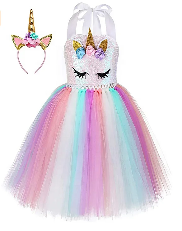 

LIFC Beautiful Girls Unicorn Dress Rainbow Tulle Tutu Birthday Party Fancy Handmade Girls Sequin Dress, Multi-color option
