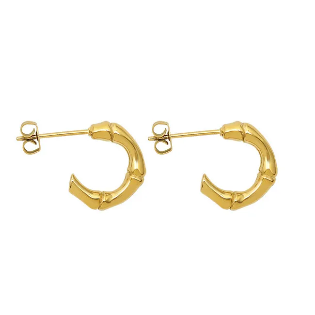 

New Trendy Gold Plated Charm Hoop Earrings Geometric Stainless Steel CC Shaped Bamboo Earrings