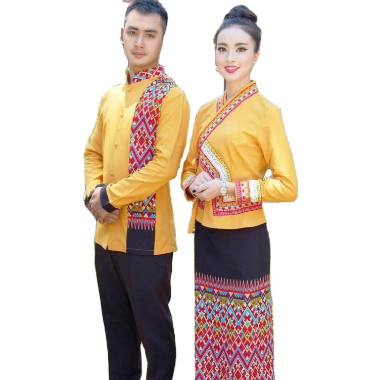 

Spring Autumn Thai Hotel Restaurant clothing YunNan Dai work Uniform suit for men women with long sleeves yellow Ethnic Clothes