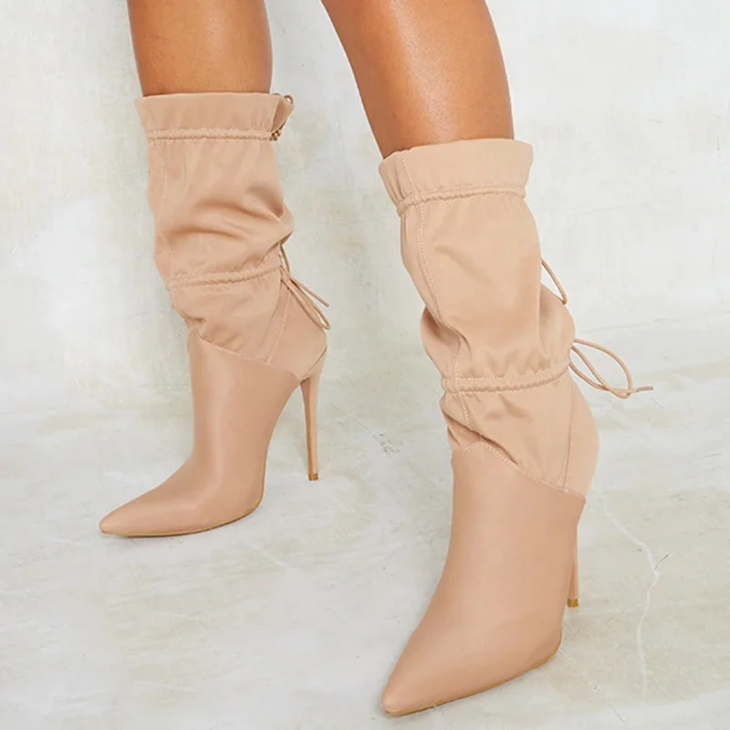 

Solid Pleated Lace Sexy Short Booty for Women Pointed Toe Slip on High Heel Ankle Boots Autumn Winter Spring, Black apricot